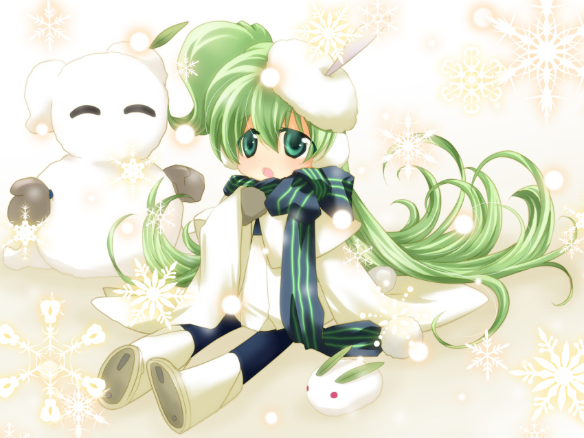 earmuffs, green_eyes, green_hair, hat, highres, long_hair, macintosh, macloid, macne_nana, macne_nana_petit, open_mouth, shiu_kazuki, shuu_kazuki, snow, wallpaper