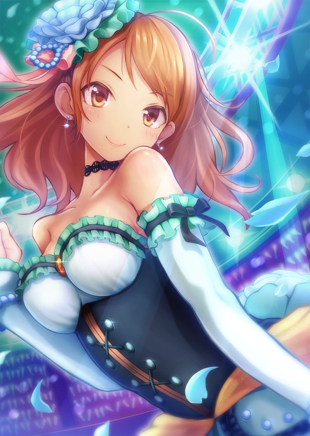 10s, 1girl, bare_shoulders, blush, breasts, brown_hair, choker, dress