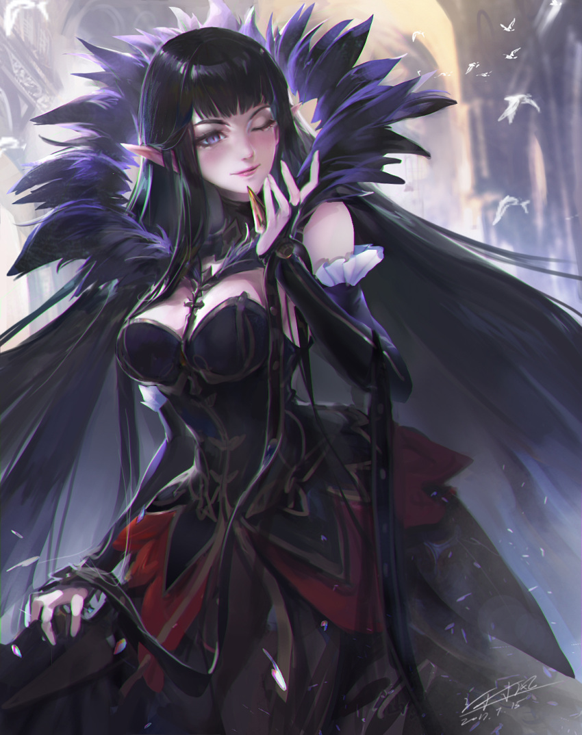 1girl, assassin_of_red, bare_shoulders, black_dress, black_hair, breasts, cleavage, detached_sleeves
