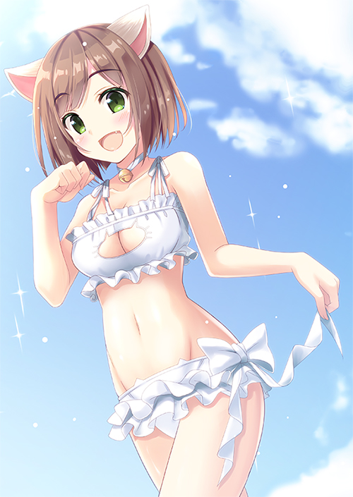 10s, 1girl, animal_ears, bell, bell_choker, bikini, brown_hair, cat_cutout