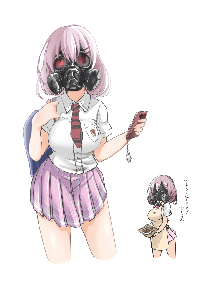 1girl, apron, bag, breasts, cellphone, collared_shirt, dress_shirt, gas_mask