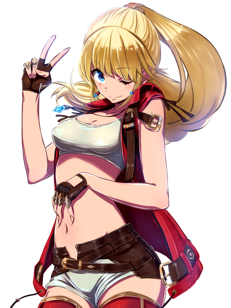 >;), 1girl, bangs, blonde_hair, blue_eyes, blush, breasts, brown_gloves, cleavage, closed_mouth, collarbone, cowboy_shot, crop_top, final_fantasy, final_fantasy_xiv, fingerless_gloves, gloves, highres, jacket, jewelry, long_hair, looking_at_viewer, lyse_(ffxiv), medium_breasts, navel, open_clothes, open_jacket, pecolondon, pendant, ponytail, red_legwear, short_shorts, shorts, sleeveless_jacket, smile, solo, stomach, thigh-highs, v