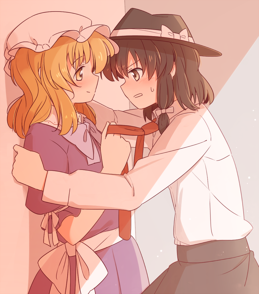 2girls, blonde_hair, blouse, blush, brown_eyes, brown_hair, dress, face-to-face