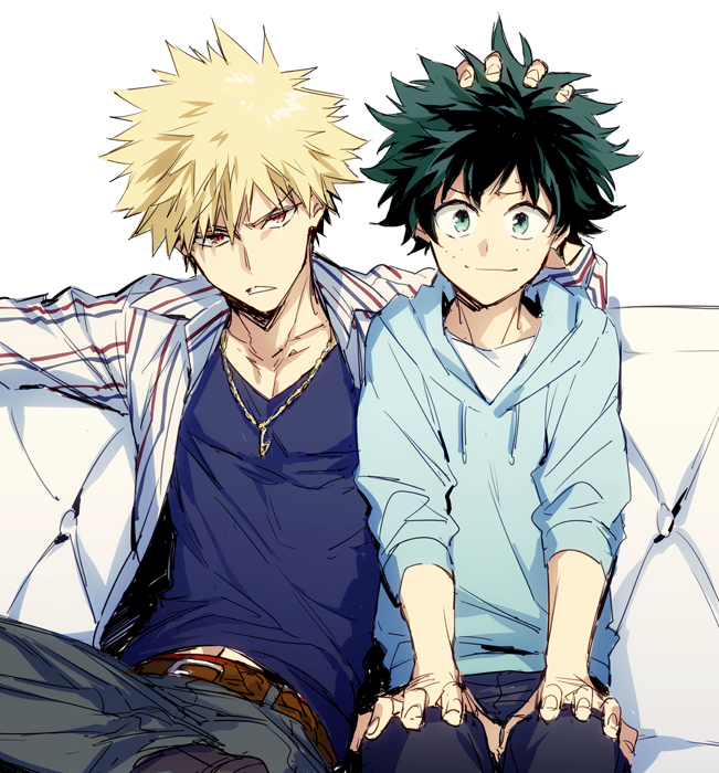 2boys, bakugou_katsuki, belt, blonde_hair, boku_no_hero_academia, casual, couch, green_eyes, half-closed_eyes, hand_in_hair, hood, hoodie, legs_crossed, looking_at_viewer, male_focus, midoriya_izuku, multiple_boys, navel, necklace, on_couch, open_clothes, orange_eyes, pants, polo_shirt, pull_string, red_eyes, shirt, simple_background, smile, spiky_hair, tufted_upholstery, v-neck, wavy_hair, white_background, white_upholstery