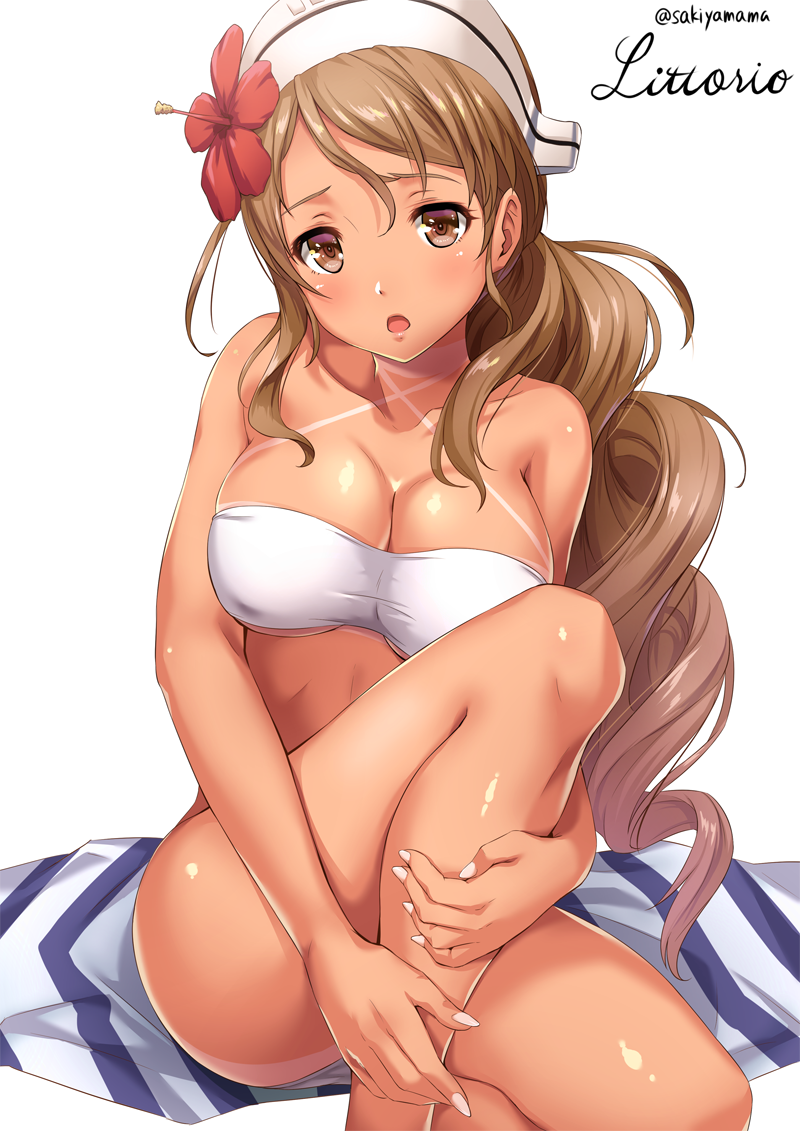 10s, 1girl, :o, accessory_tan, alternate_costume, artist_name, bandeau, bare_back, bare_legs, bikini, blush, breasts, brown_eyes, brown_hair, collarbone, commentary, fingernails, flower, hair_flower, hair_ornament, hat, kantai_collection, knees_up, large_breasts, littorio_(kantai_collection), long_hair, looking_at_viewer, open_mouth, sakiyamama, shiny, shiny_skin, signature, simple_background, skindentation, solo, swimsuit, tan, tanline, twitter_username, white_background, white_bikini