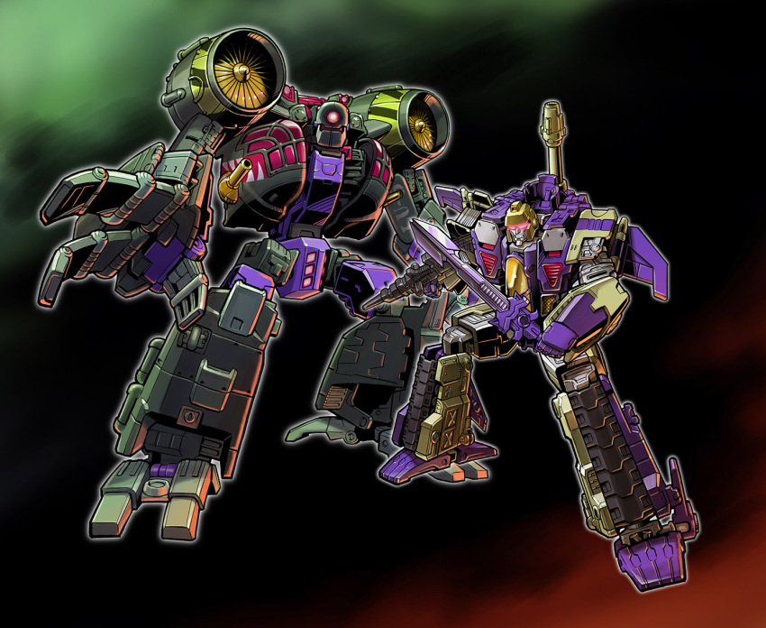 2boys, 80s, blitzwing, cannon, decepticon, full_body, glowing, glowing_eyes, gun, holding, holding_weapon, looking_at_viewer, lugnut, machine, machinery, mecha, monocle, multiple_boys, no_humans, oldschool, personification, pose, red_eyes, robot, smile, standing, sword, transformers, transformers_animated, weapon, zuma_(zuma_yskn)