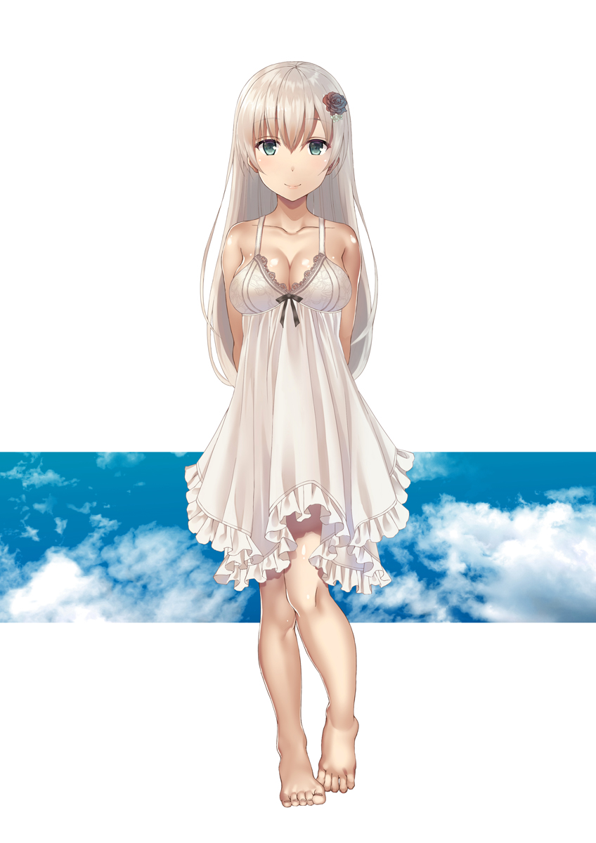 1girl, barefoot, breasts, cleavage, clouds, cloudy_sky, collarbone, feet