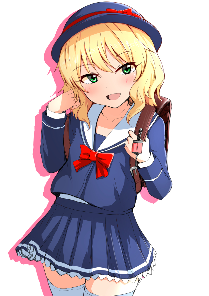 10s, 1girl, aizawa_u-ji, backpack, bag, blonde_hair, blush, green_eyes, hat, idolmaster, idolmaster_cinderella_girls, idolmaster_cinderella_girls_starlight_stage, looking_at_viewer, open_mouth, sakurai_momoka, school_hat, school_uniform, short_hair, smile, solo, thigh-highs, white_background, white_legwear