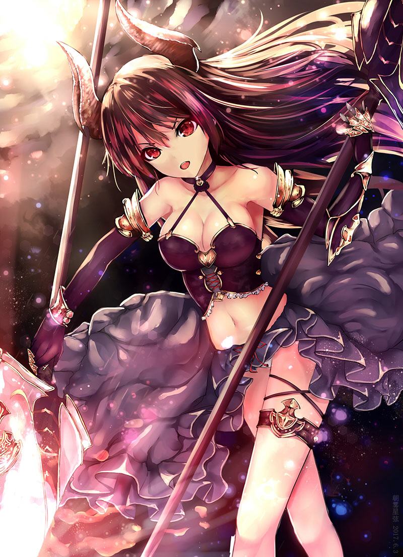 1girl, bare_shoulders, breasts, brown_hair, chao_wu_xing_xian, cleavage, dual_wielding, elbow_gauntlets
