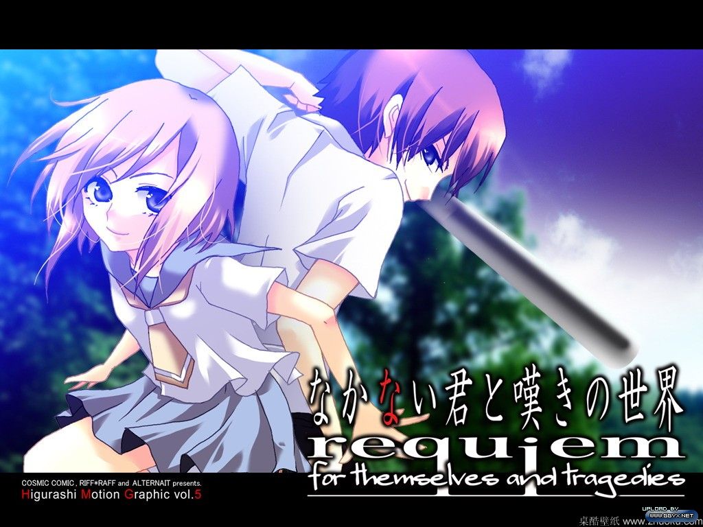 1girl, back-to-back, back_to_back, baseball_bat, cosmic_comic, couple, higurashi_no_naku_koro_ni, ico_(pekoguest)