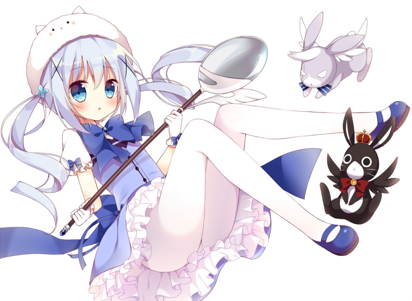 1girl, animal, animal_on_head, blue_bow, blue_bowtie, blue_dress, blue_eyes, blue_shoes