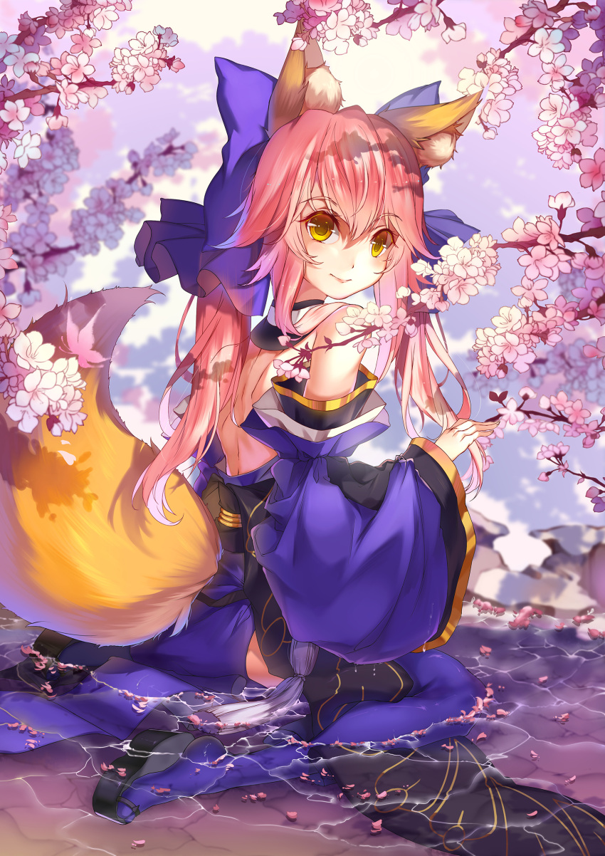 1girl, absurdres, animal_ears, blue_dress, blue_legwear, bow, choker, detached_sleeves