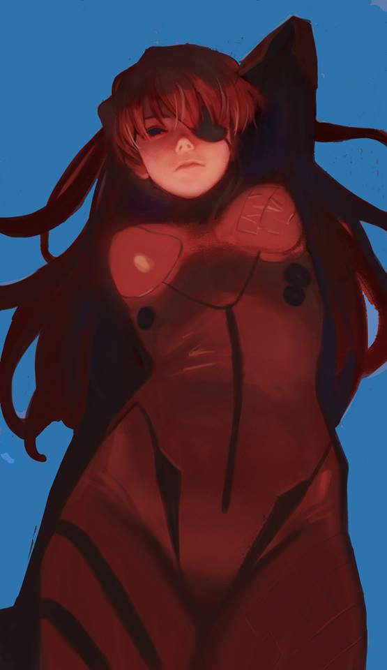 1girl, arm_behind_back, arm_behind_head, arm_up, eyepatch, from_below, long_hair, neon_genesis_evangelion