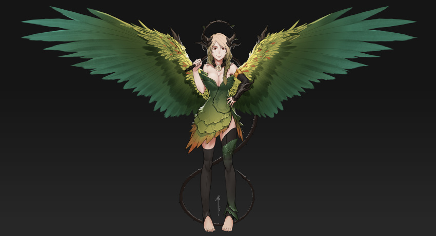 angel_wings, blonde_hair, braid, breasts, cleavage, dress, facing_viewer, feathered_wings, flower, flower_necklace, green_dress, green_feathers, green_wings, grey_background, halo, hand_on_hip, highres, holding_whip, horns, jewelry, leaf, less, looking_at_viewer, monochrome, necklace, original, over_shoulder, plant_girl, red_eyes, short_dress, simple_background, smile, spread_wings, standing, thigh-highs, toeless_legwear, vine_whip, weapon, weapon_over_shoulder, whip, wings