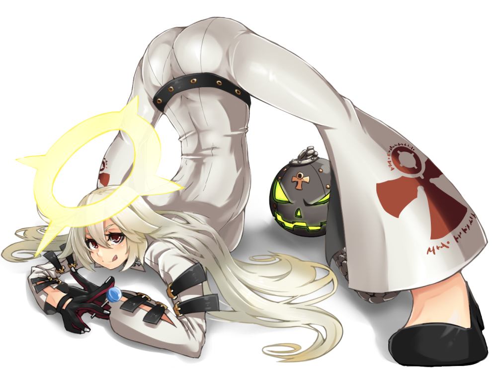 1girl, :q, arched_back, blush, bodysuit, candy, food, foreshortening