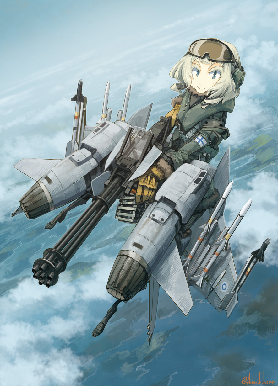 1girl, blonde_hair, blue_eyes, commentary_request, ear_protection, f-18_hornet, finland_flag, flag