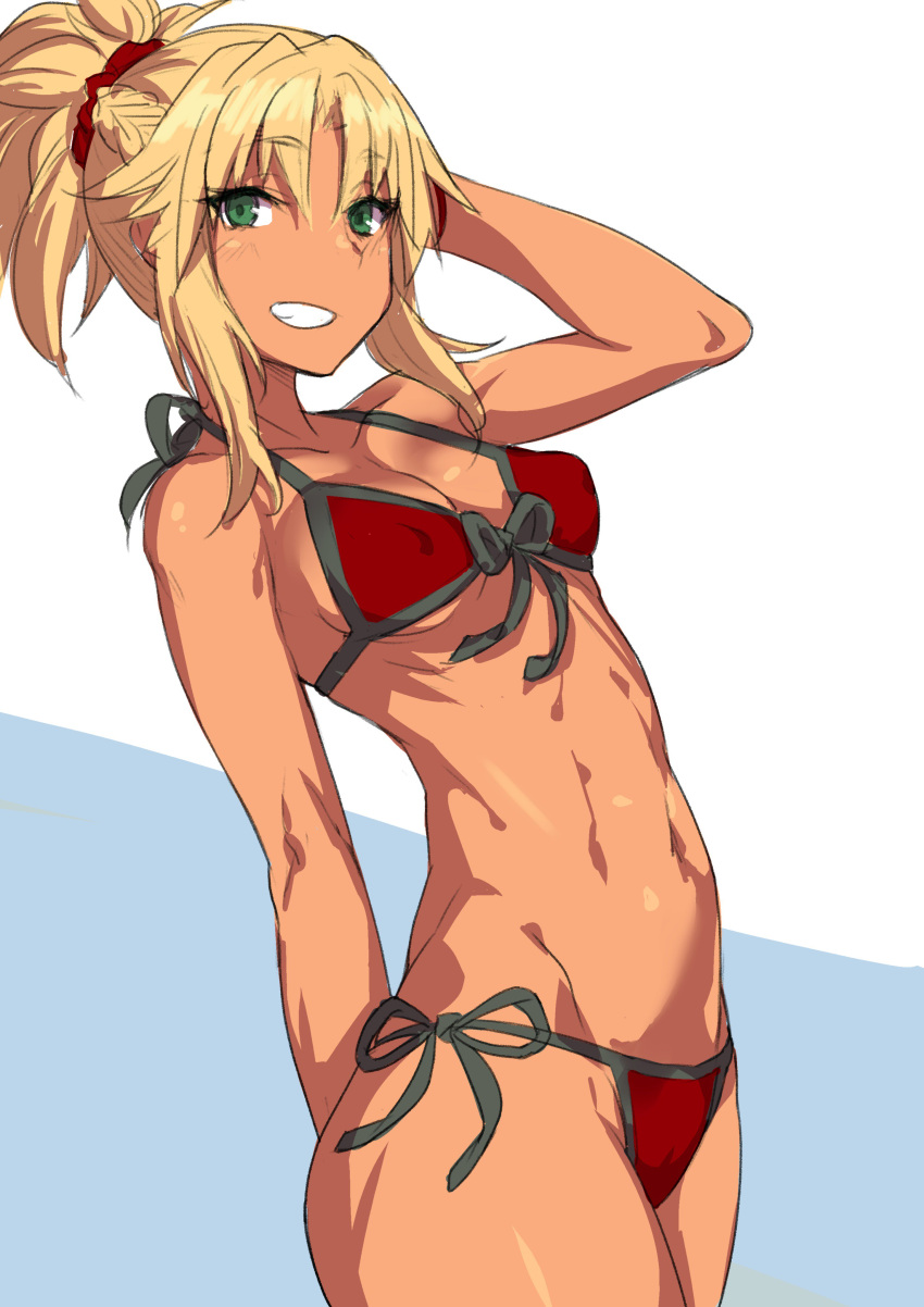 1girl, absurdres, arm_up, ass, bikini, blonde_hair, blue_background, blush
