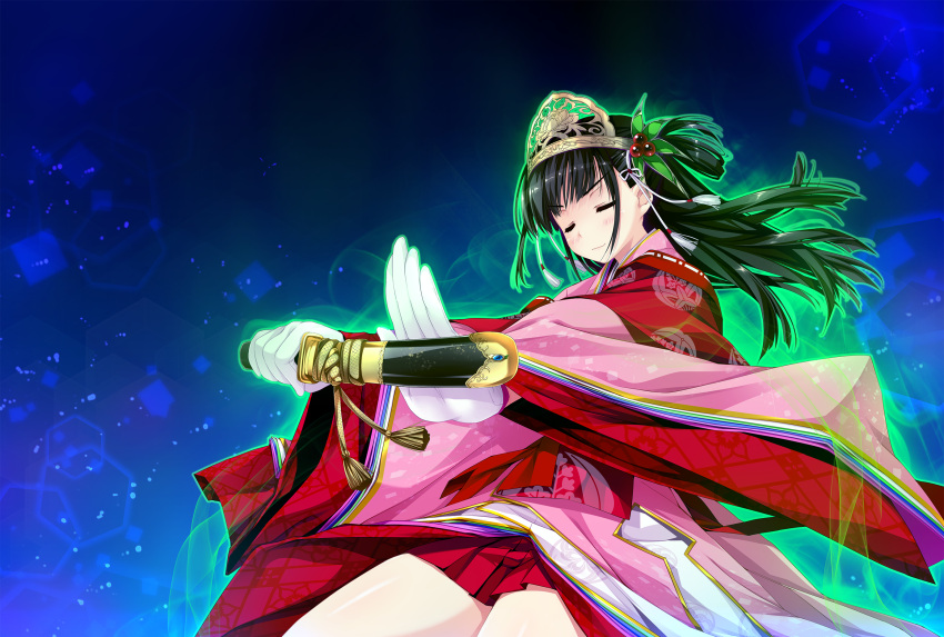 1girl, closed_eyes, floating_hair, game_cg, gloves, glowing, haruru_minamo_ni!, headdress