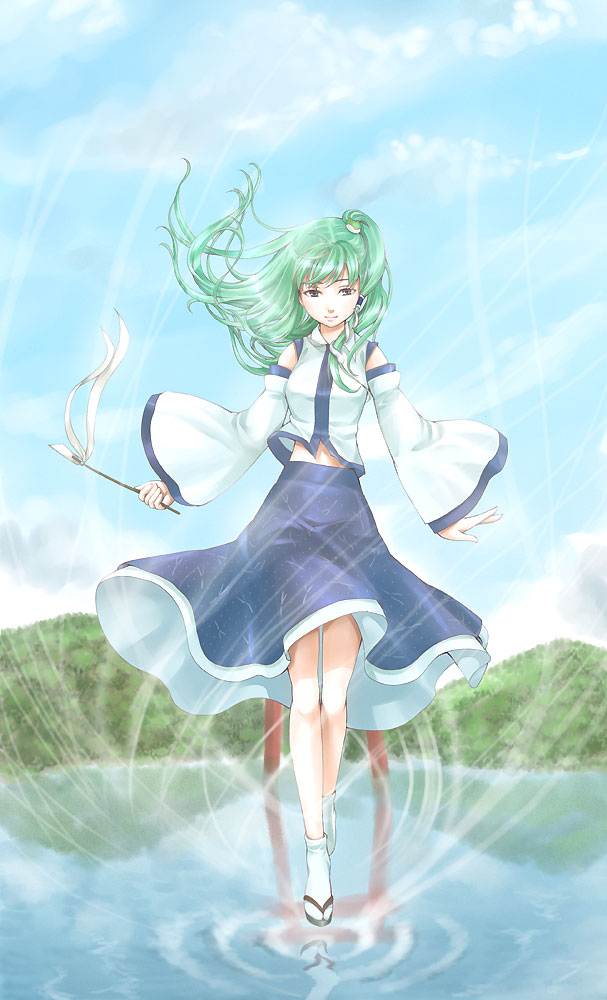 1girl, detached_sleeves, elbow_gloves, floating, green_hair, kochiya_sanae, kyuu_umi, lake