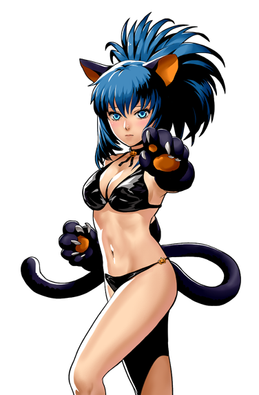 alternate_costume, animal_ears, blue_eyes, blue_hair, breasts, cat_ears, cat_paws, cat_tail