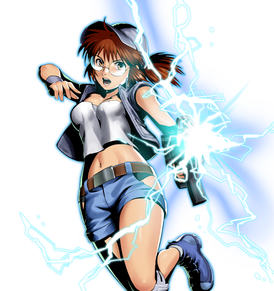 baseball_cap, blue_clothes, brown_eyes, brown_hair, fio_germi, glasses, gun, hat