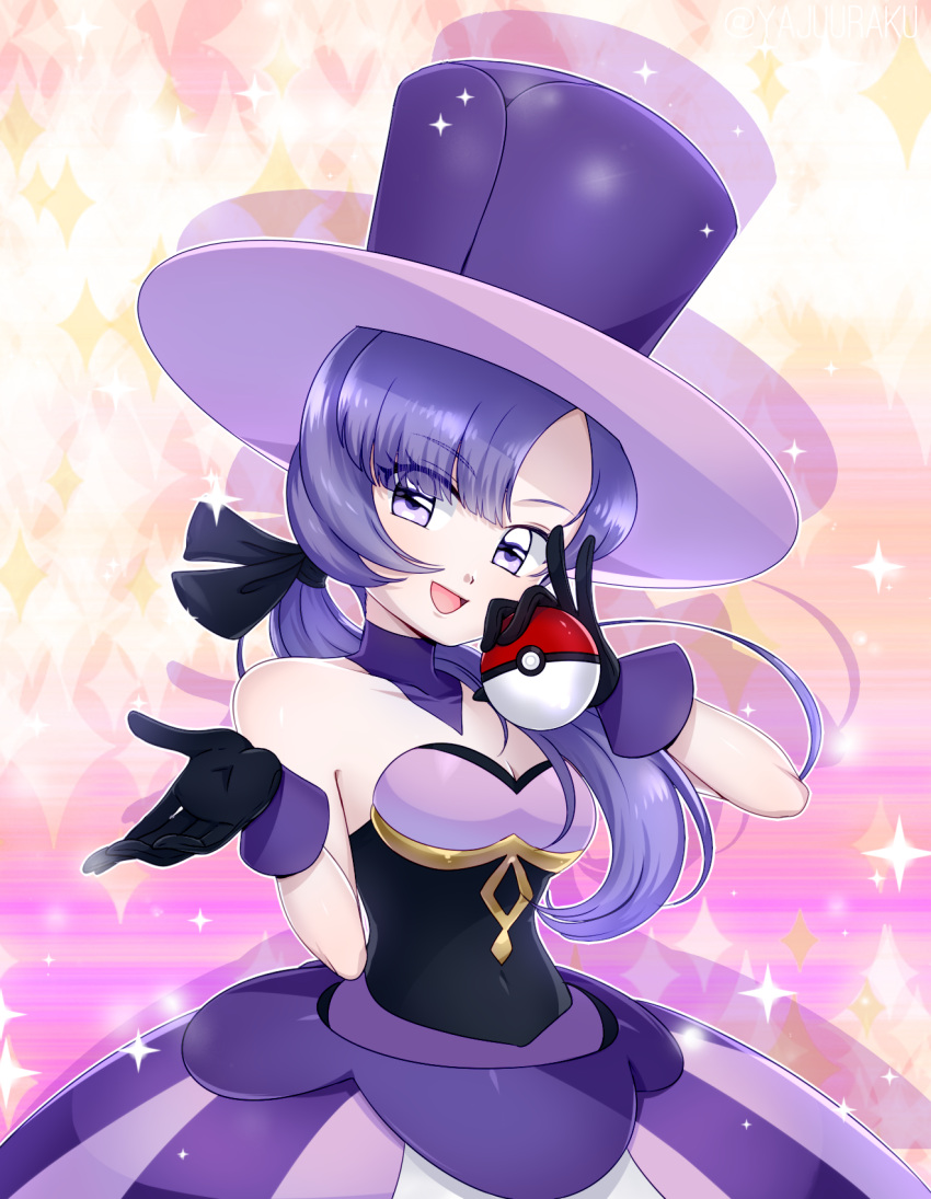 1girl, :d, alternate_costume, alternate_hairstyle, bare_shoulders, black_gloves, covered_navel, dress