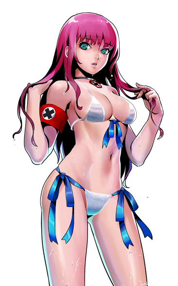 abigail_(metal_slug), alternate_costume, armband, bikini, blue_eyes, metal_slug, metal_slug_attack, official_art