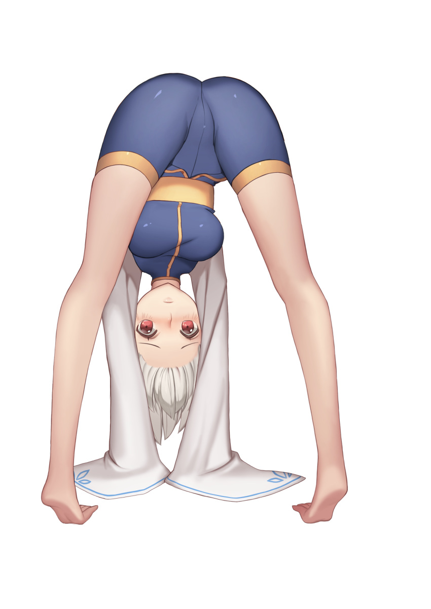 1girl, absurdres, ass, bare_legs, barefoot, bike_shorts, blush, breasts