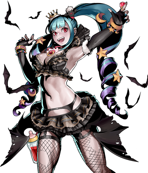 accessories, aswang_(metal_slug), bat, black_clothes, black_legwear, blue_hair, crown, drill_hair, fishnets, garter_belt, metal_slug, metal_slug_attack, official_art, pacifier, pale_skin, red_eyes, twin_drills, vampire