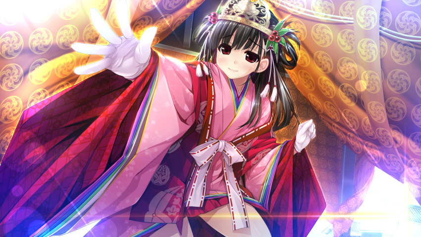 1girl, black_hair, blush, game_cg, gloves, haruru_minamo_ni!, headdress, highres