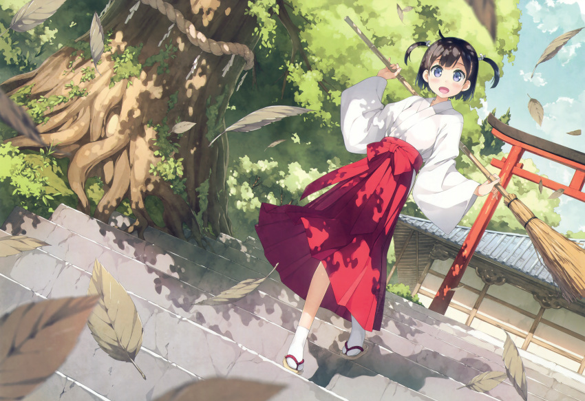 1girl, :d, absurdres, ahoge, bamboo_staff, behind_back, black_eyes, black_hair, blue_eyes, blue_sky, blush, bow, building, clouds, cloudy_sky, collarbone, cropped, day, dutch_angle, falling_leaves, feathers, full_body, hakama, head_tilt, highres, hip_vent, holding, holding_staff, huge_filesize, japanese_clothes, kantoku, kimono, leaf, long_sleeves, looking_at_viewer, miko, open_mouth, original, outdoors, petals, plant, red_bow, red_hakama, rope, sandals, scan, short_twintails, shrine, sky, smile, socks, solo, staff, stairs, standing, stone_stairs, summer, tareme, torii, tree, twintails, two_side_up, white_legwear, wide_sleeves