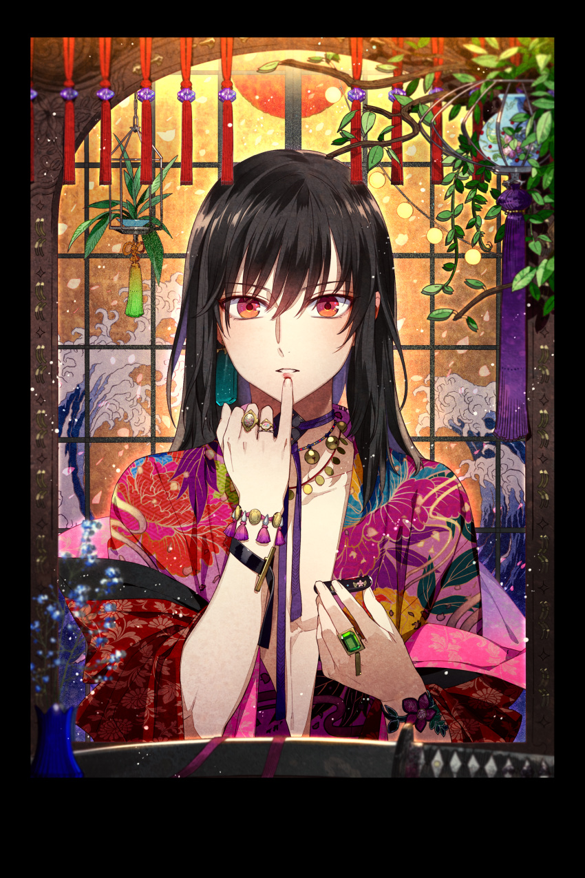 1boy, absurdres, androgynous, bangs, beads, bell, black_border, black_hair, board_game, border, bracelet, choker, crossdressinging, door, fine_art_parody, floral_print, flower, hair_between_eyes, highres, japanese_clothes, jewelry, kanagawa_okinami_ura, kazari_tayu, kimono, layered_clothing, leaf, long_hair, makeup, male_focus, mirror, multicolored, multicolored_eyes, necklace, open_clothes, orange_eyes, original, parody, pink_eyes, plant, reflection, ring, shougi, shouji, single_earring, sliding_doors, solo, sword, tassel, vase, vines, weapon