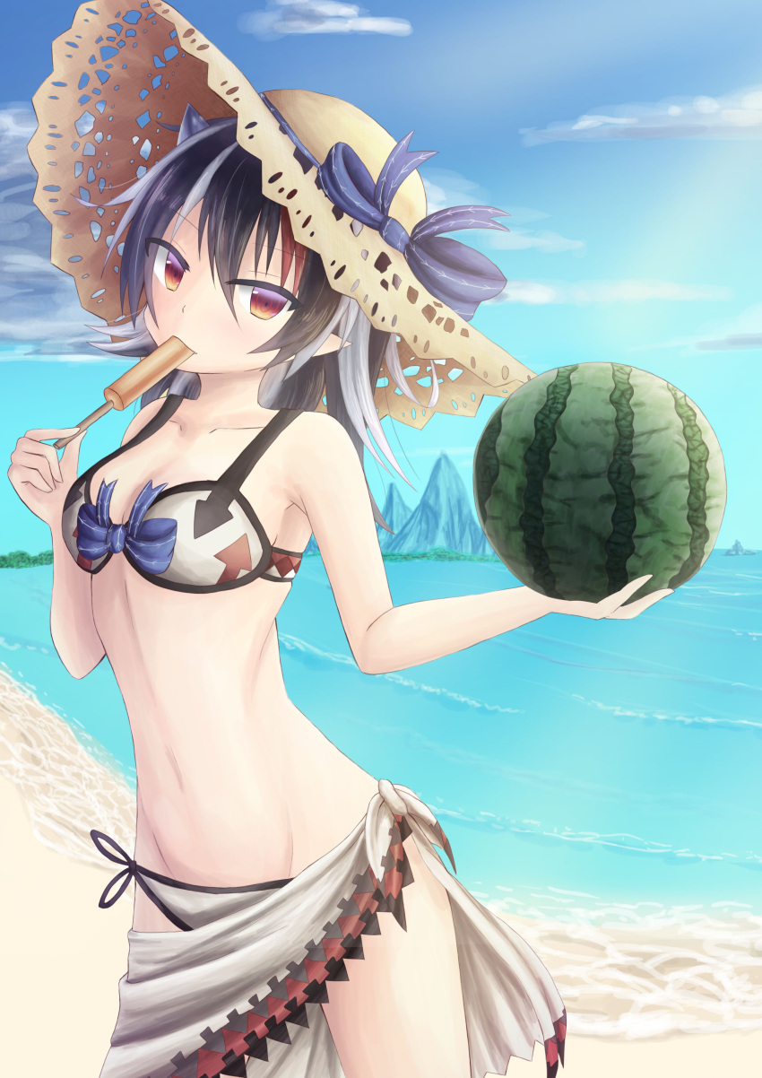 1girl, absurdres, akiteru98, alternate_costume, arm_up, armpits, beach, bikini