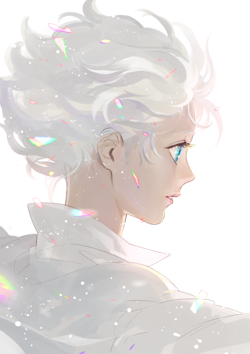 1girl, android, aqua_eyes, backlighting, dress_shirt, eyelashes, highres, kazari_tayu