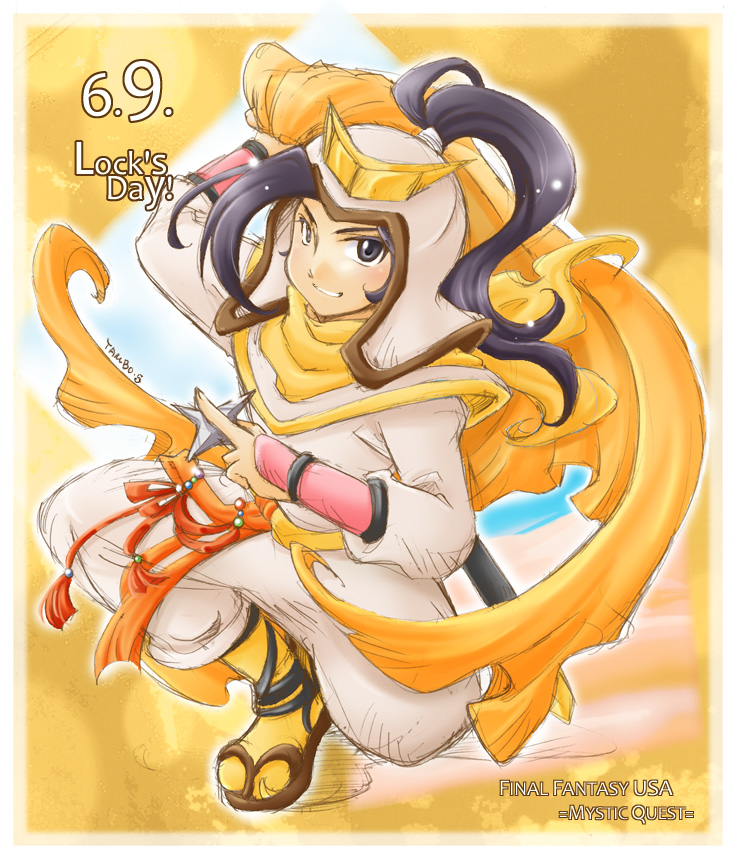 !, 1boy, black_eyes, black_hair, copyright_name, final_fantasy, final_fantasy_mystic_quest, helmet, long_hair, male_focus, ponytail, rock_(ffmq), sandals, shuriken, solo, sword, teeth, tmbsrky, weapon