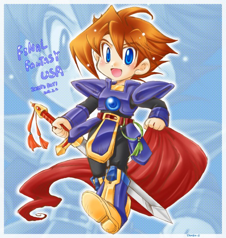 !, 1boy, armor, armored_boots, artist_name, benjamin_(ffmq), blue_eyes, blush, boots, character_name, copyright_name, dated, final_fantasy, final_fantasy_mystic_quest, male_focus, open_mouth, solo, sword, tmbsrky, weapon