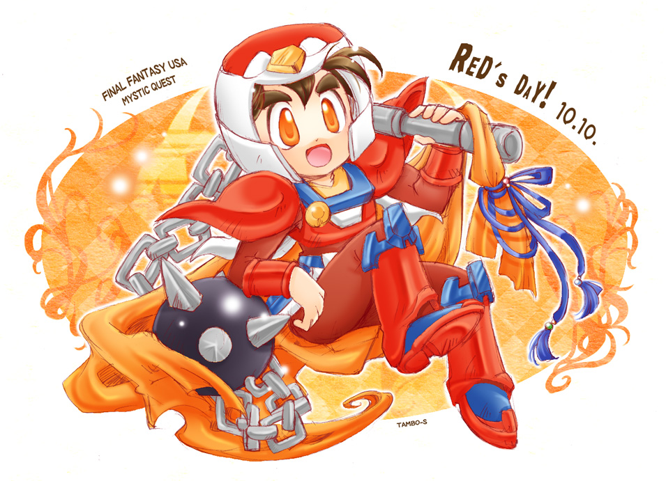 !, 1boy, armor, armored_boots, artist_name, boots, brown_hair, chains