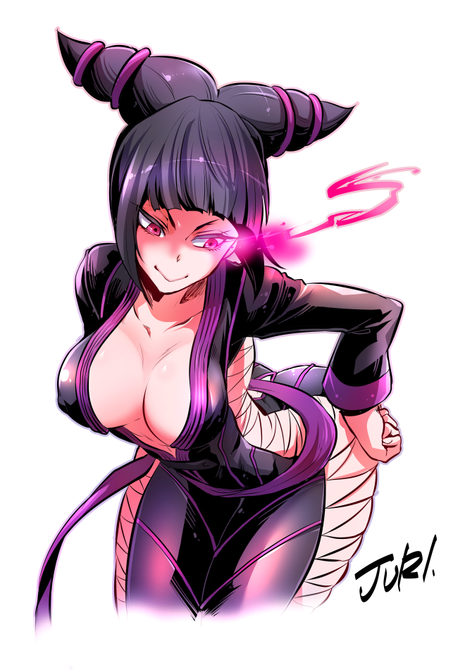 1girl, alternate_costume, black_hair, covered_nipples, drill_hair, evil_smile, glowing, glowing_eye