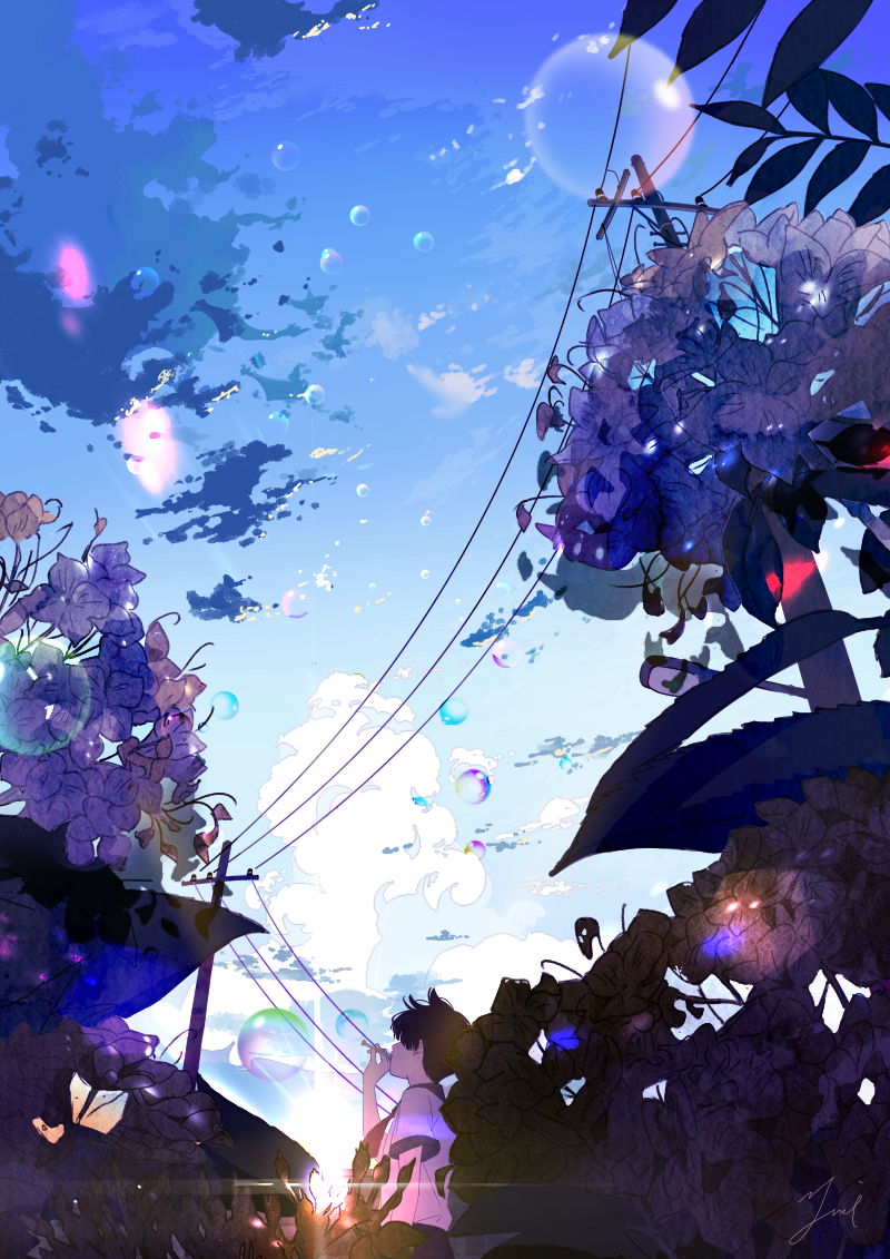 1girl, black_hair, blue_sky, blurry, bubble, bubble_blowing, bubble_pipe, clouds