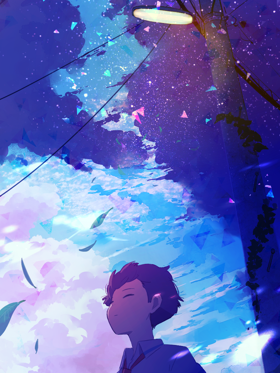 1boy, black_hair, closed_eyes, clouds, dress_shirt, highres, lamppost, leaf
