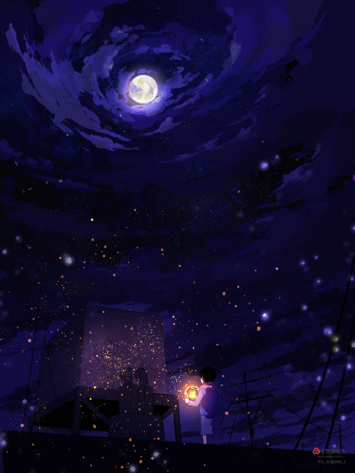 1boy, black_hair, blazer, clouds, cloudy_sky, facing_away, fireflies, full_moon