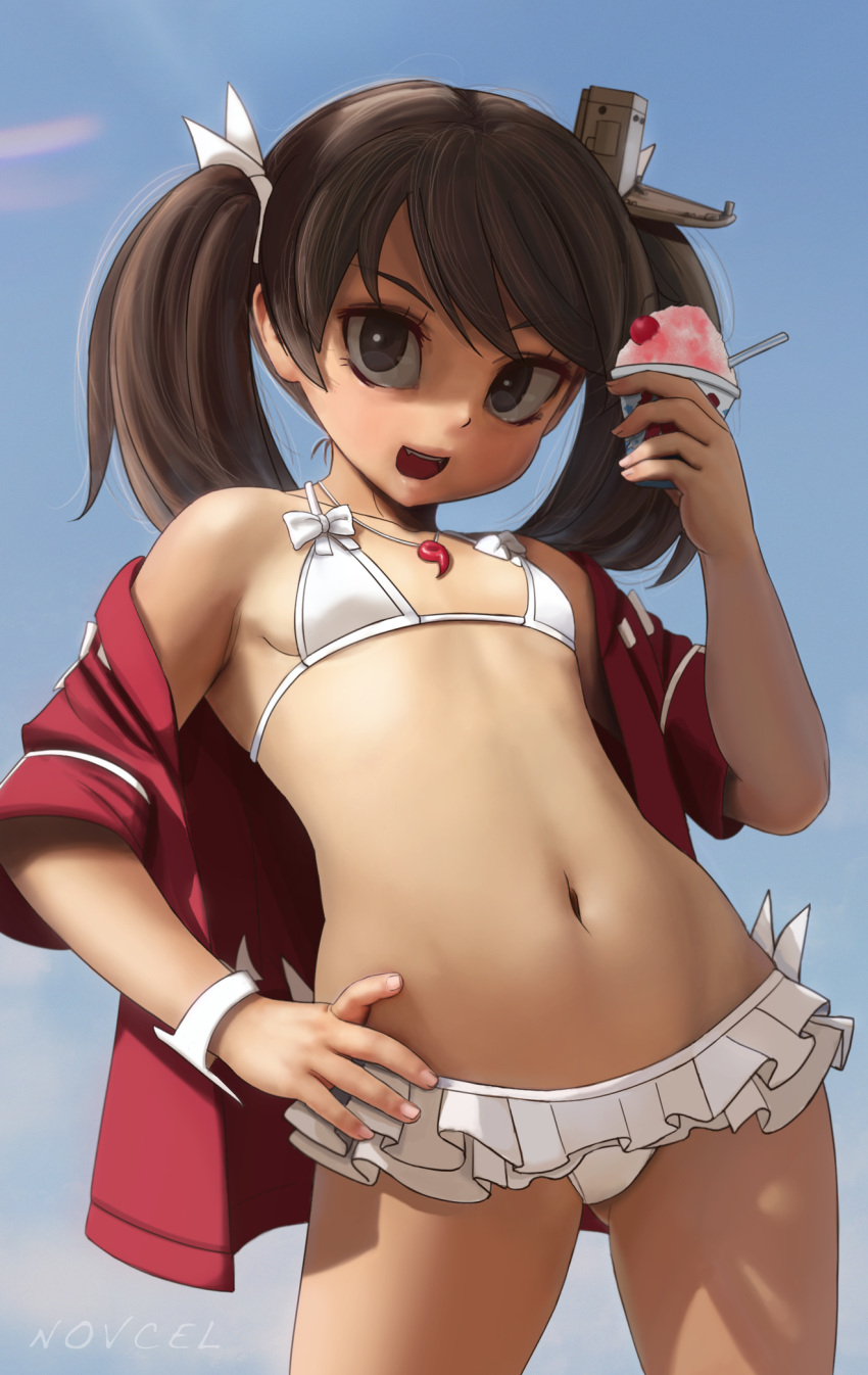 1girl, artist_name, ass_visible_through_thighs, bangs, bikini, black_hair, blue_sky, contrapposto