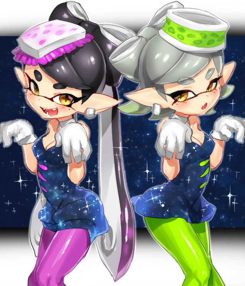 +_+, 2girls, black_dress, black_hair, black_jumpsuit, breasts, brown_eyes, callie_(splatoon)