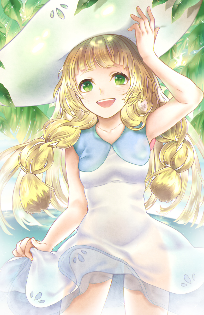 1girl, :d, absurdres, bangs, bare_shoulders, blonde_hair, blunt_bangs, blush