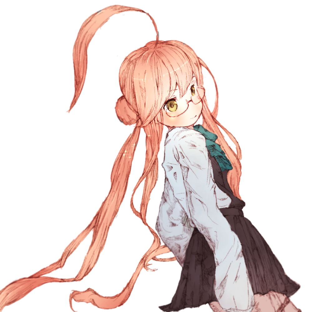 1girl, ahoge, from_side, glasses, gurin33, kantai_collection, leaning_back, long_hair, makigumo_(kantai_collection), orange_hair, red-framed_eyewear, simple_background, skirt, sleeves_past_wrists, solo, very_long_hair, vest, white_background, yellow_eyes
