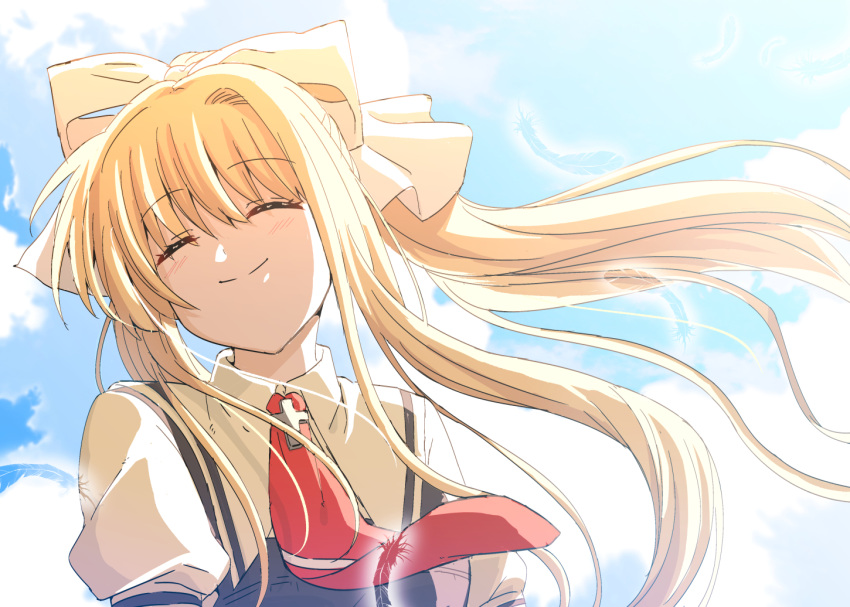1girl, air, blonde_hair, closed_eyes, clouds, cowboy_shot, day, hair_ribbon