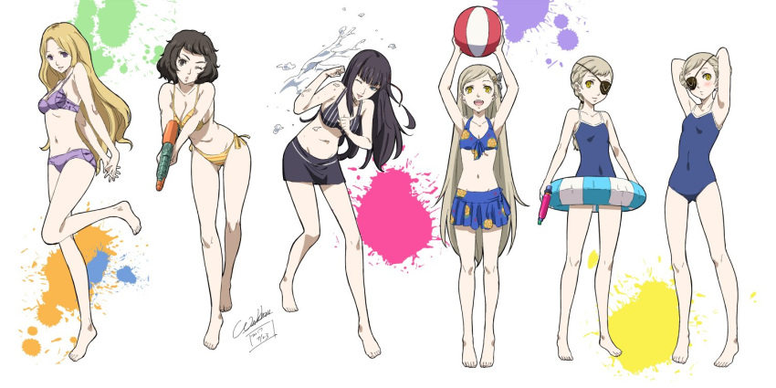 bikini, black_hair, blush, braid, breasts, brown_eyes, brown_hair, caroline_(persona_5)