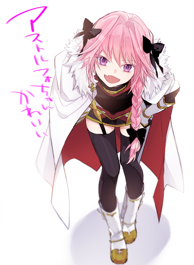 1boy, black_bow, bow, braid, cape, fang, fate/apocrypha, fate/grand_order
