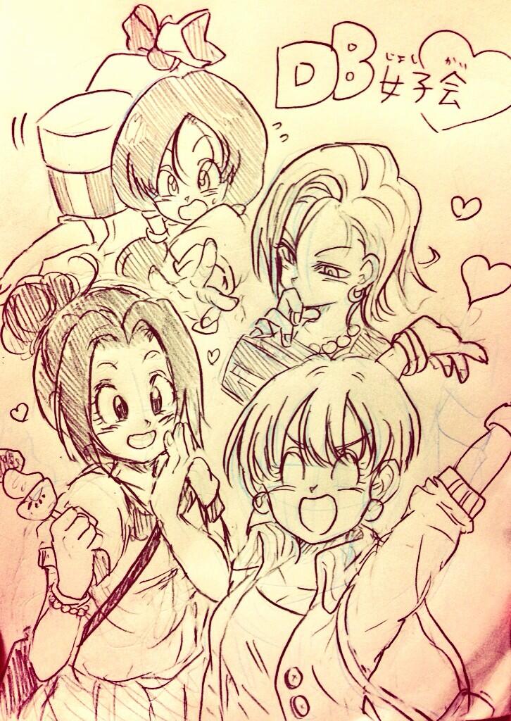 >:d, 4girls, :d, android_18, black_eyes, black_hair, box, bracelet, brochette, bulma, chi-chi_(dragon_ball), closed_eyes, dragon_ball, dragonball_z, earrings, eyebrows_visible_through_hair, finger_to_mouth, food, hand_on_own_cheek, happy, heart, jewelry, looking_at_another, looking_down, monochrome, multiple_girls, necklace, open_mouth, pearl_necklace, serious, short_hair, simple_background, smile, sweatdrop, text, tied_hair, tkgsize, traditional_media, translation_request, twintails, videl
