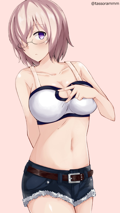 1girl, arm_behind_back, bandeau, bare_arms, belt, breasts, cleavage, collarbone